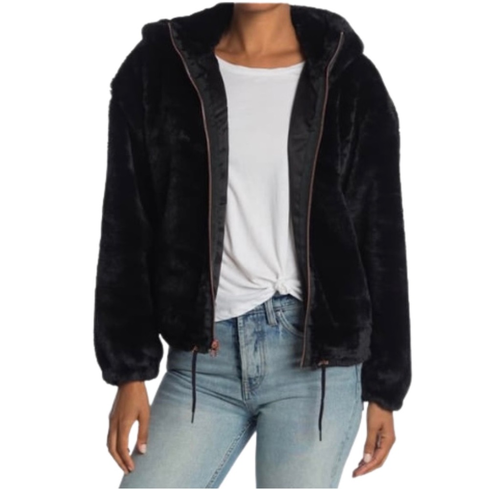 NEW! Lucky Brand Faux Fur Hooded Bomber Jacket SZ L